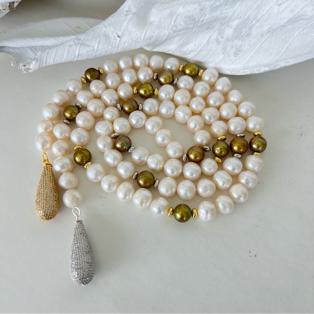 White Green Baroque Pearl Silver Gold Crystal Pave Charm Lariat.